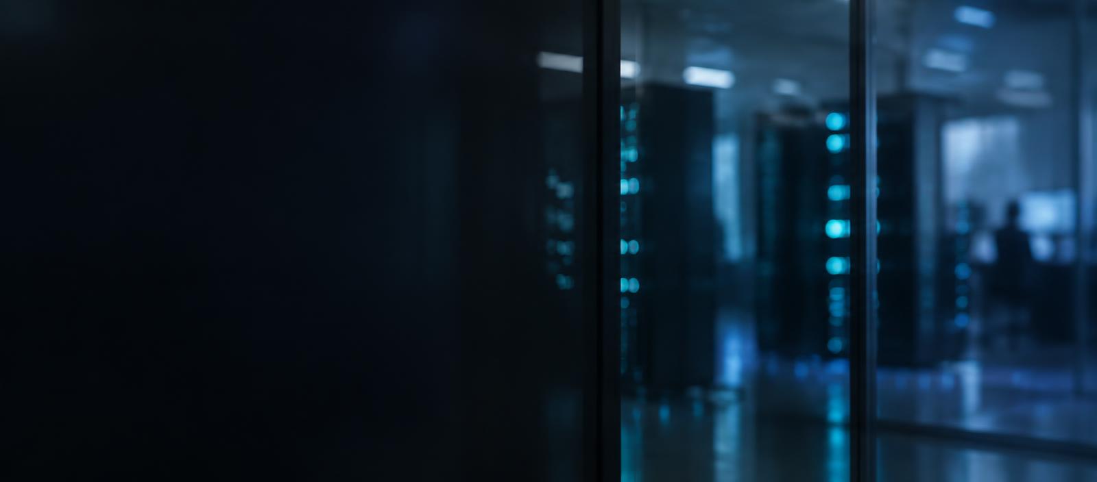 Network operations facility viewed through smoked glass