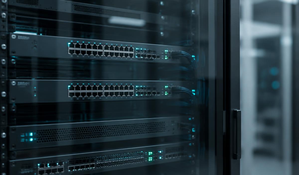 Managed network switches behind lightly smoked cabinet glass