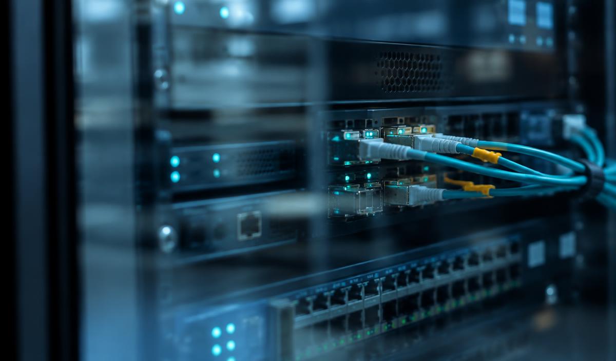 Network interfaces and fibre connections behind lightly smoked glass