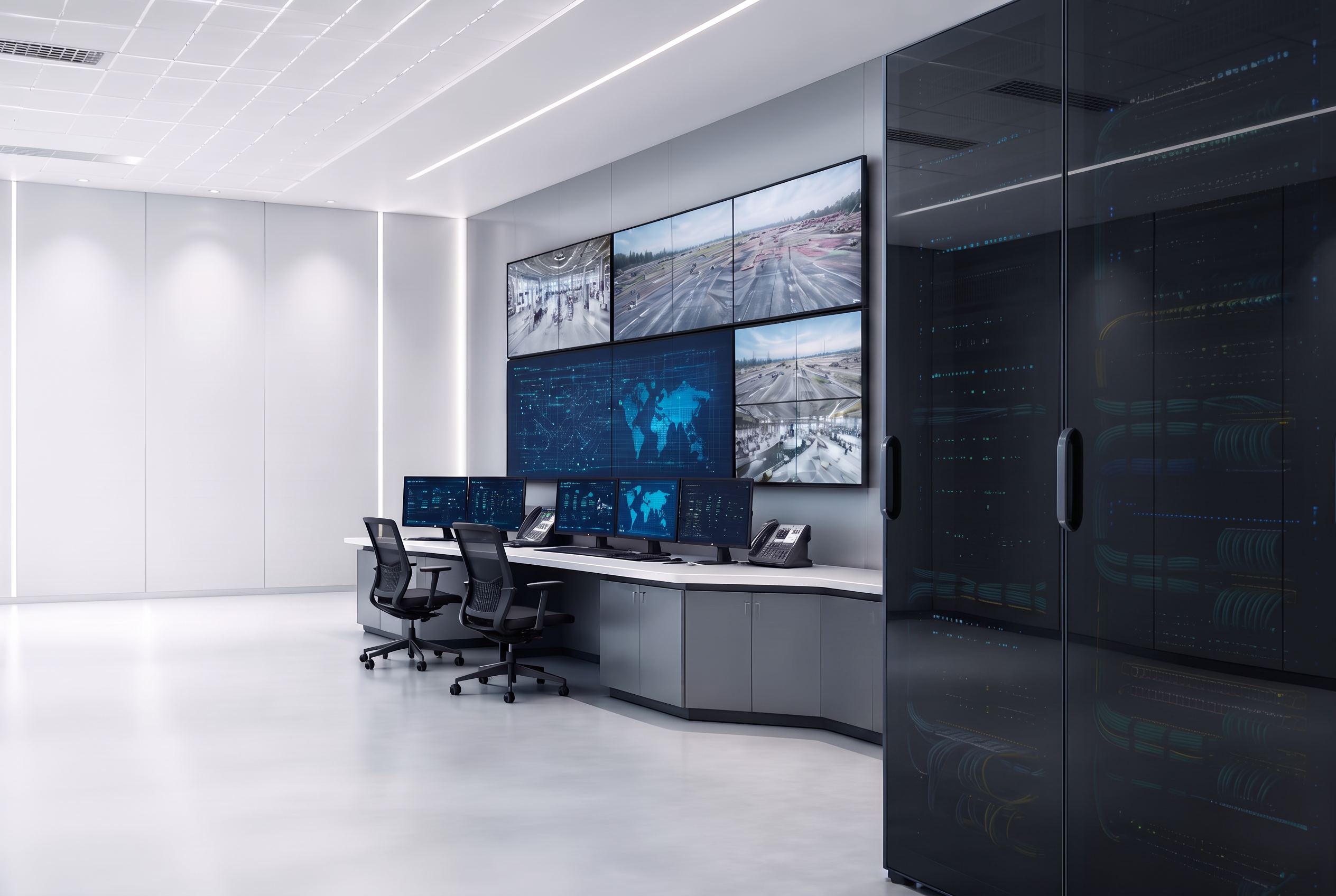 Operations control room with a video wall, operator desks and network equipment cabinets behind smoked glass