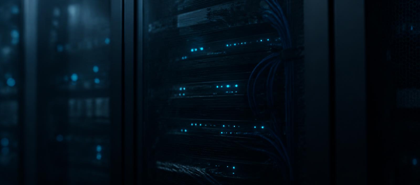 Network cabinets behind smoked glass with faint status lights