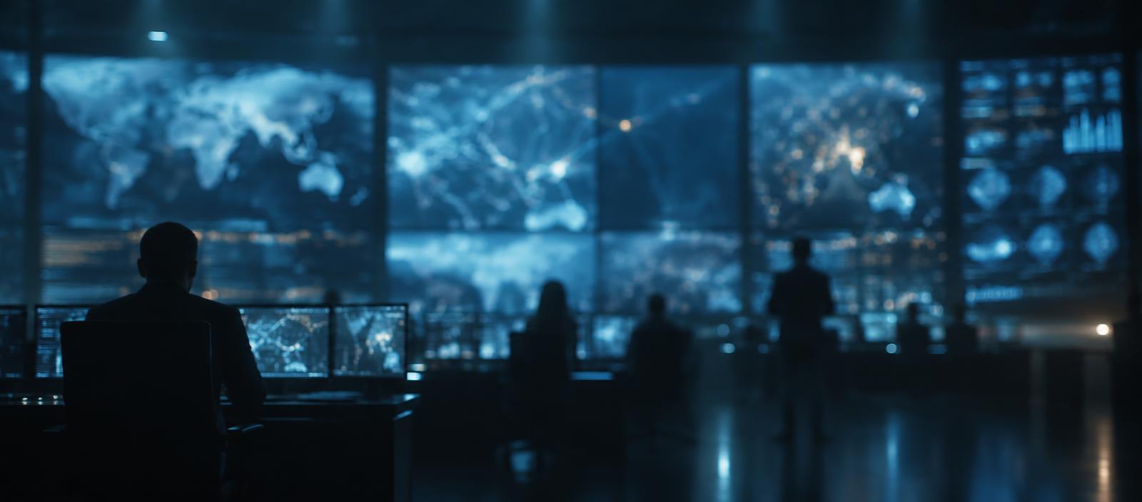 Control room video wall glowing softly in a dark room