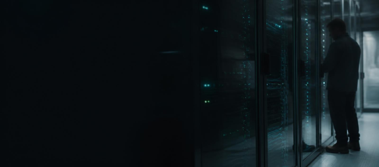 Technician working beside smoked-glass network cabinets