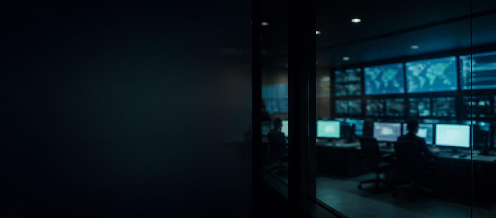 Network operations room viewed through smoked glass