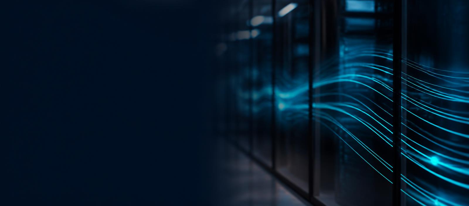 Abstract fibre paths beside smoked-glass network cabinets