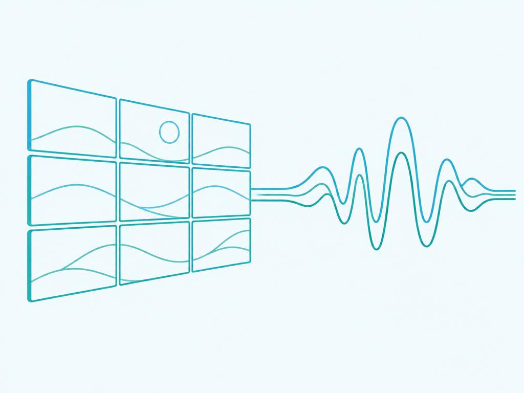 Faint line-art video display and audio waveform